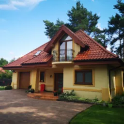 Ukończony dom jednorodzinny z balkonem, z czerwoną dachówką i żółtą elewacją, otoczony zielenią i kostką brukową. Widok z przodu, słoneczny dzień.