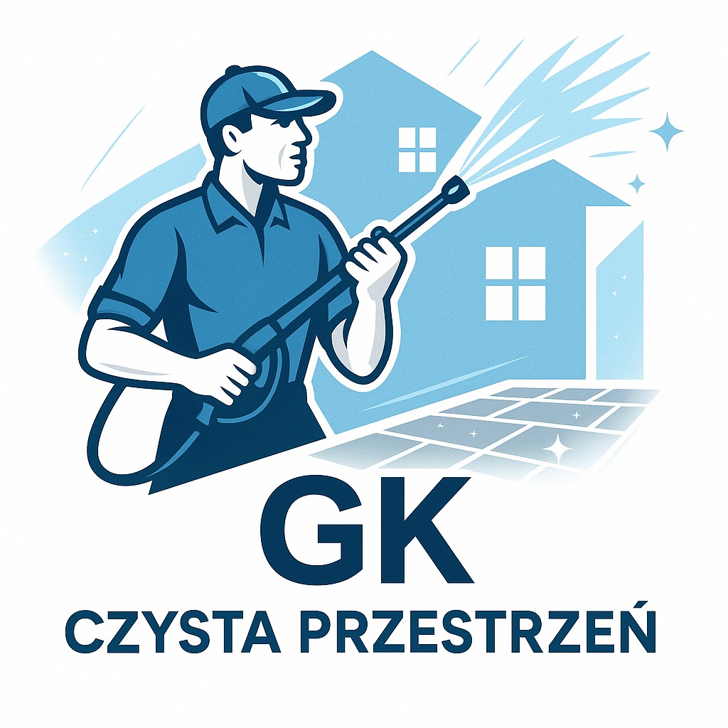 Grafika: mężczyzna w czapce czyści kostkę brukową myjką ciśnieniową na tle domu. Logo firmy 'GK Czysta Przestrzeń'.