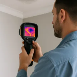 Hydraulik z termowizją diagnozuje wyciek na suficie, widoczna plama wilgoci i obraz z kamery termowizyjnej wskazujący na obszar zawilgocenia.