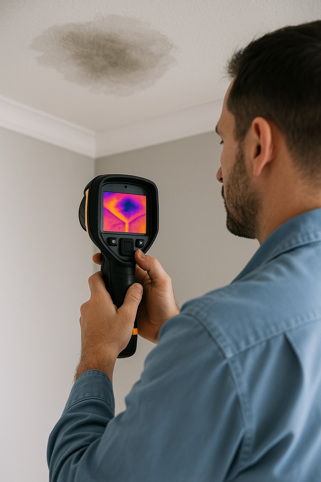 Hydraulik z termowizją diagnozuje wyciek na suficie, widoczna plama wilgoci i obraz z kamery termowizyjnej wskazujący na obszar zawilgocenia.