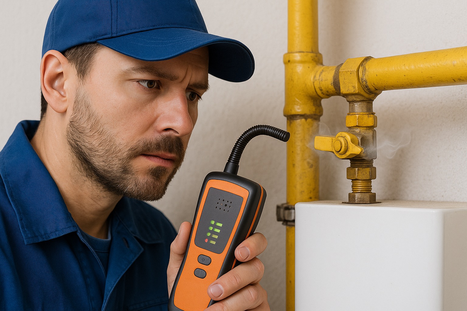 Hydraulik z detektorem gazu sprawdza nieszczelność żółtego zaworu na rurze. Widoczny dym i skupiony wyraz twarzy. Fachowiec w niebieskim uniformie i czapce.