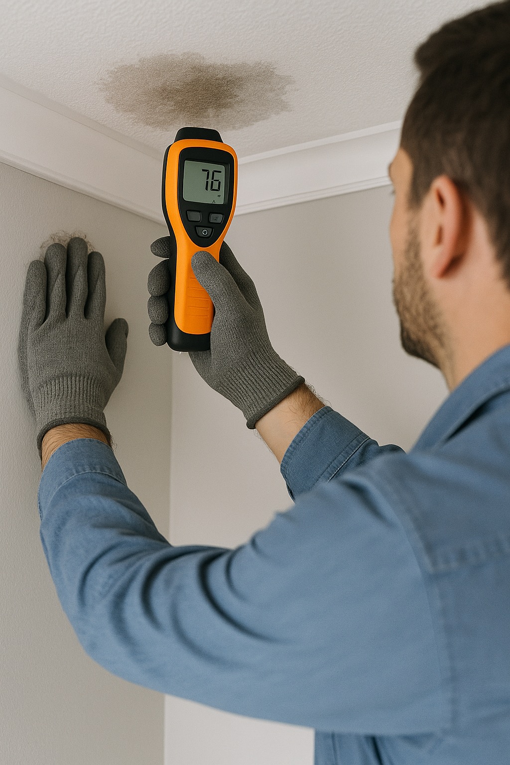 Hydraulik w rękawicach mierzy wilgotność sufitu miernikiem w miejscu widocznej plamy. Diagnostyka wycieku wody.