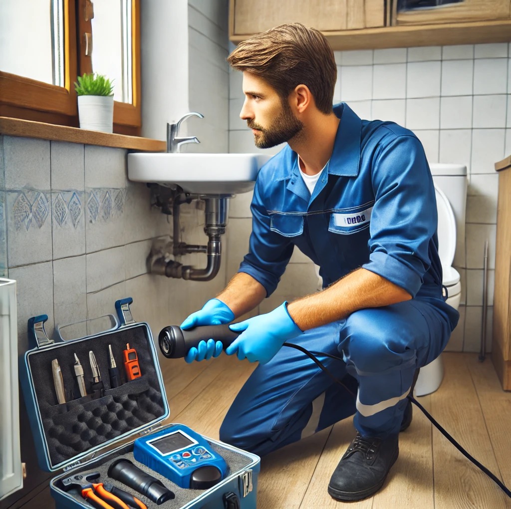 Hydraulik w niebieskim kombinezonie, z narzędziami i kamerą inspekcyjną, diagnozuje problem pod umywalką w jasnej łazience. Widoczne rury i toaleta.