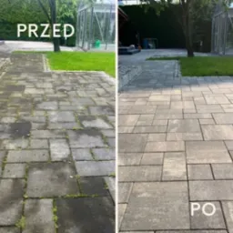 Kostka brukowa: widok przed i po czyszczeniu. Na połowie zdjęcia brudna, zarośnięta, na drugiej połowie czysta, szara. Widoczne trawnik i szklarnia w tle.