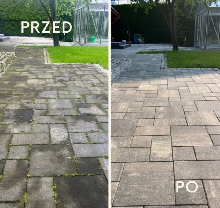 Kostka brukowa: widok przed i po czyszczeniu. Na połowie zdjęcia brudna, zarośnięta, na drugiej połowie czysta, szara. Widoczne trawnik i szklarnia w tle.