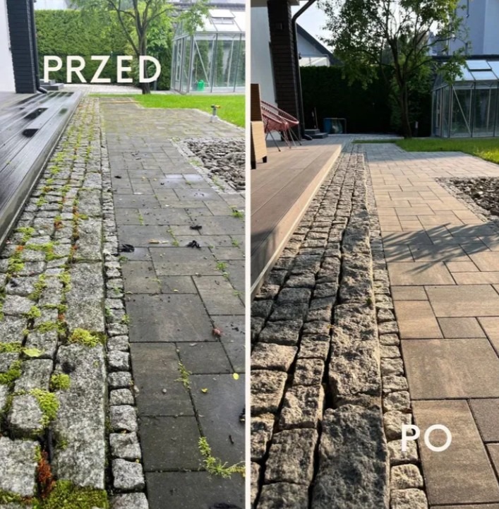 Efekt 'przed i po' czyszczenia kostki brukowej: po lewej kostka porośnięta mchem, po prawej czysta, w tle szklarnia i zieleń ogrodu.