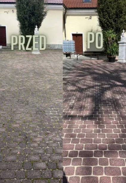 Porównanie kostki brukowej przed i po czyszczeniu. Lewa strona zabrudzona, porośnięta mchem, prawa strona czysta, z widocznym wzorem. Napisy PRZED i PO na zdjęciu.