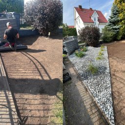 Mateusz Miarka - Zakładanie ogrodu: widok przed i po. Po lewej przygotowanie podłoża, po prawej rabata z kamykami, roślinami i obrzeżem, kostka brukowa.