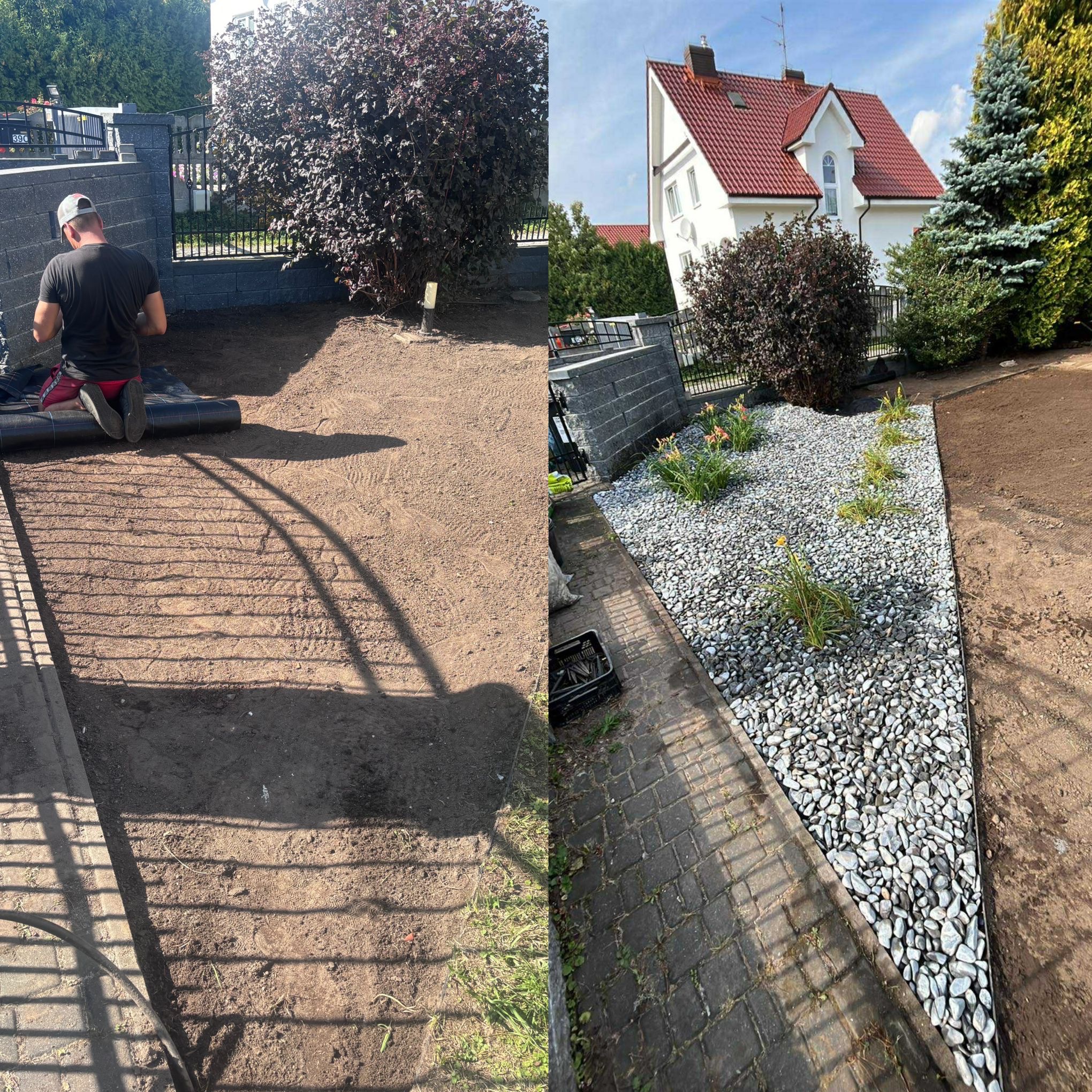 Zakładanie ogrodu: widok przed i po. Po lewej przygotowanie podłoża, po prawej rabata z kamykami, roślinami i obrzeżem, kostka brukowa.
