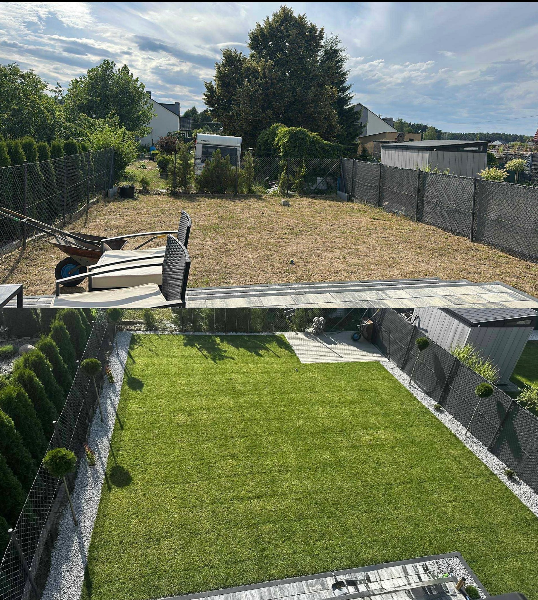 Zdjęcie 'przed i po' ukazujące metamorfozę ogrodu: z wysuszonej trawy w soczysty, zielony trawnik, z widocznym wózkiem i meblami ogrodowymi w tle.