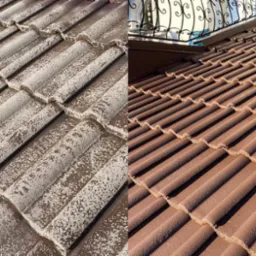 Część dachu przed i po czyszczeniu. Po lewej stronie dach pokryty zabrudzeniami, po prawej czysty, brązowy dach z dachówki ceramicznej.