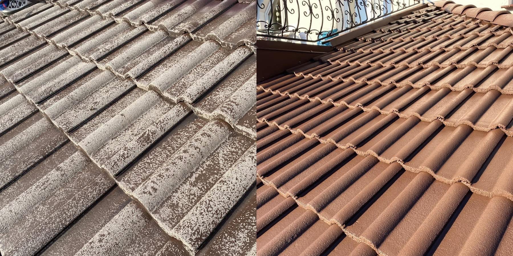 Część dachu przed i po czyszczeniu. Po lewej stronie dach pokryty zabrudzeniami, po prawej czysty, brązowy dach z dachówki ceramicznej.