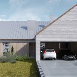 Wizualizacja domu jednorodzinnego z garażem na dwa samochody, drewnianą elewacją i metalowym dachem. Na tarasie białe meble wypoczynkowe, w tle drzewa.