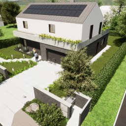 SUYA SPÓŁKA Z OGRANICZONĄ ODPOWIEDZIALNOŚCIĄ - Wizualizacja 3D nowoczesnego domu z panelami słonecznymi i garażem w Tarnowskich Górach. Widok z góry na ogród z elementami małej architektury i podjazdem.