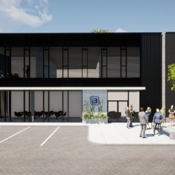 SUYA SPÓŁKA Z OGRANICZONĄ ODPOWIEDZIALNOŚCIĄ - Wizualizacja nowoczesnego budynku usługowego z czarną elewacją, dużymi oknami i grupą ludzi przed wejściem. Widoczny parking i zieleń.