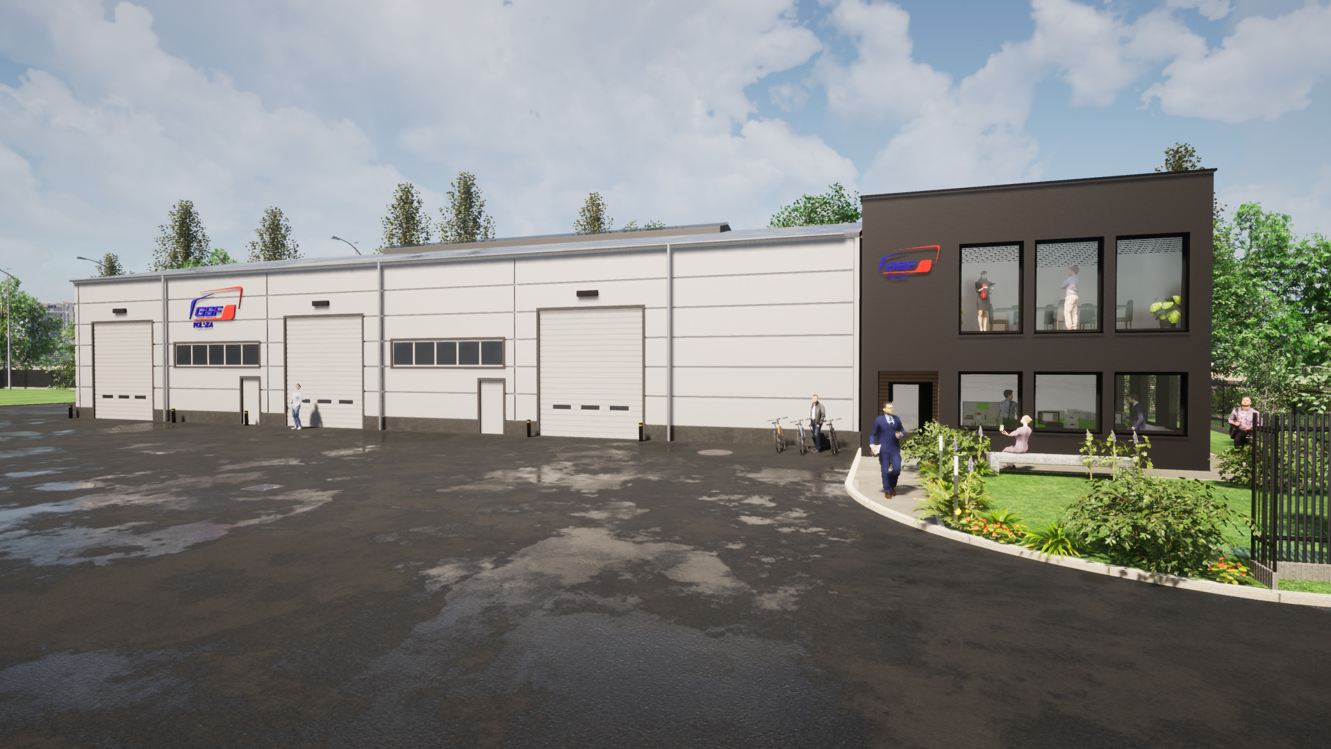Wizualizacja 3D budynku usługowego z biurem, z logo firmy na fasadzie, otoczonego zielenią i z postaciami ludzi w oknach oraz na zewnątrz.