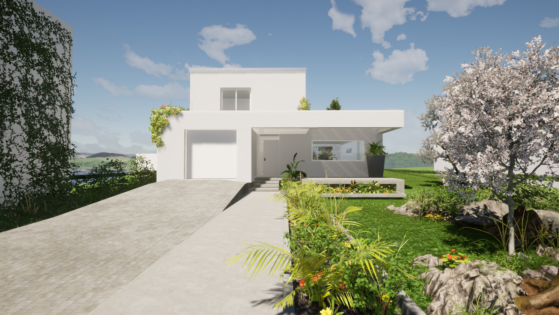 Wizualizacja nowoczesnego, białego domu jednorodzinnego z płaskim dachem i garażem, otoczonego zielenią, z kwitnącym drzewem po prawej stronie i pnączami na ścianie po lewej.