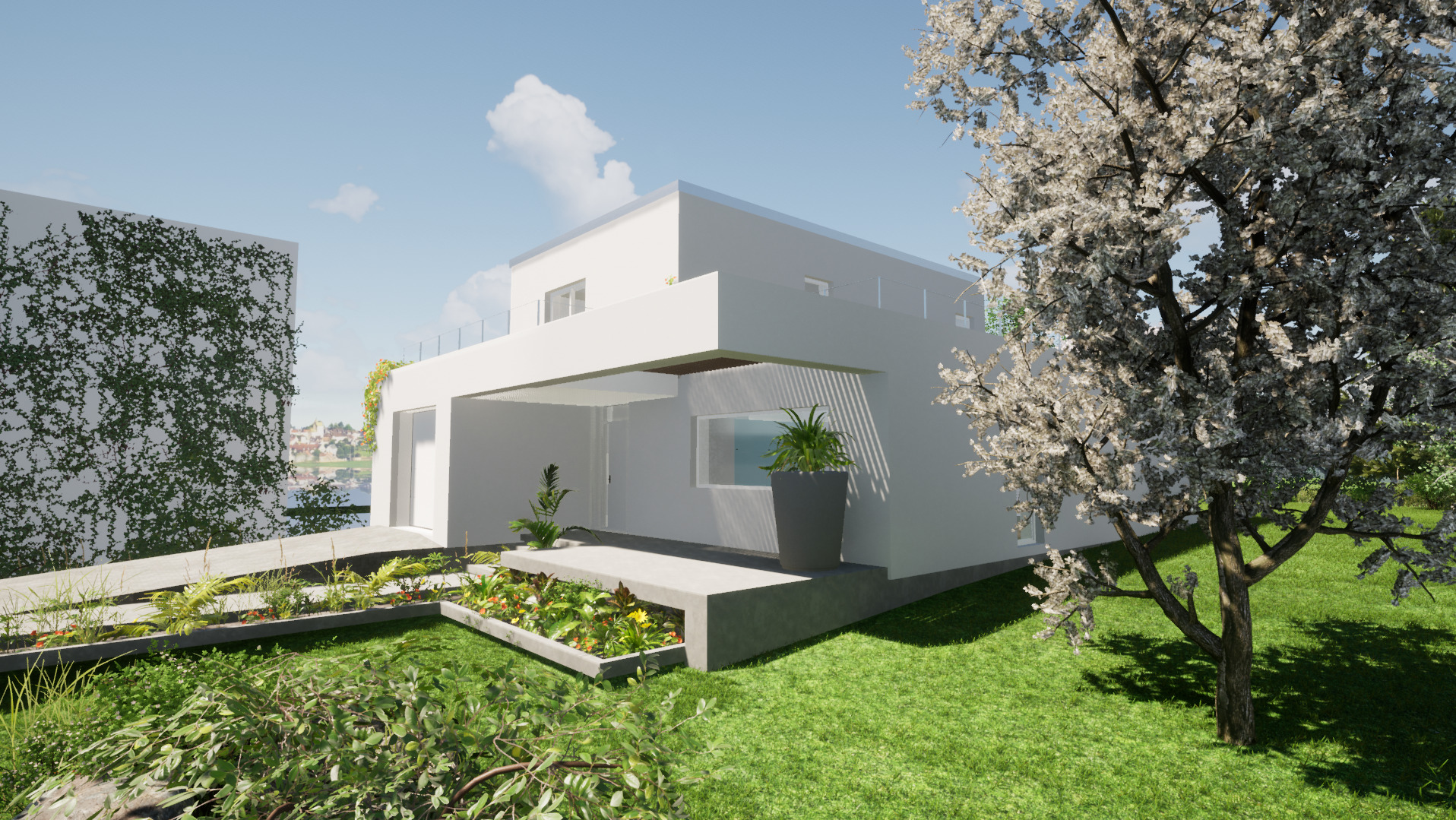 Wizualizacja nowoczesnego, białego domu z płaskim dachem, z dużymi oknami i minimalistycznym ogrodem. W tle budynek porośnięty bluszczem i kwitnące drzewo.