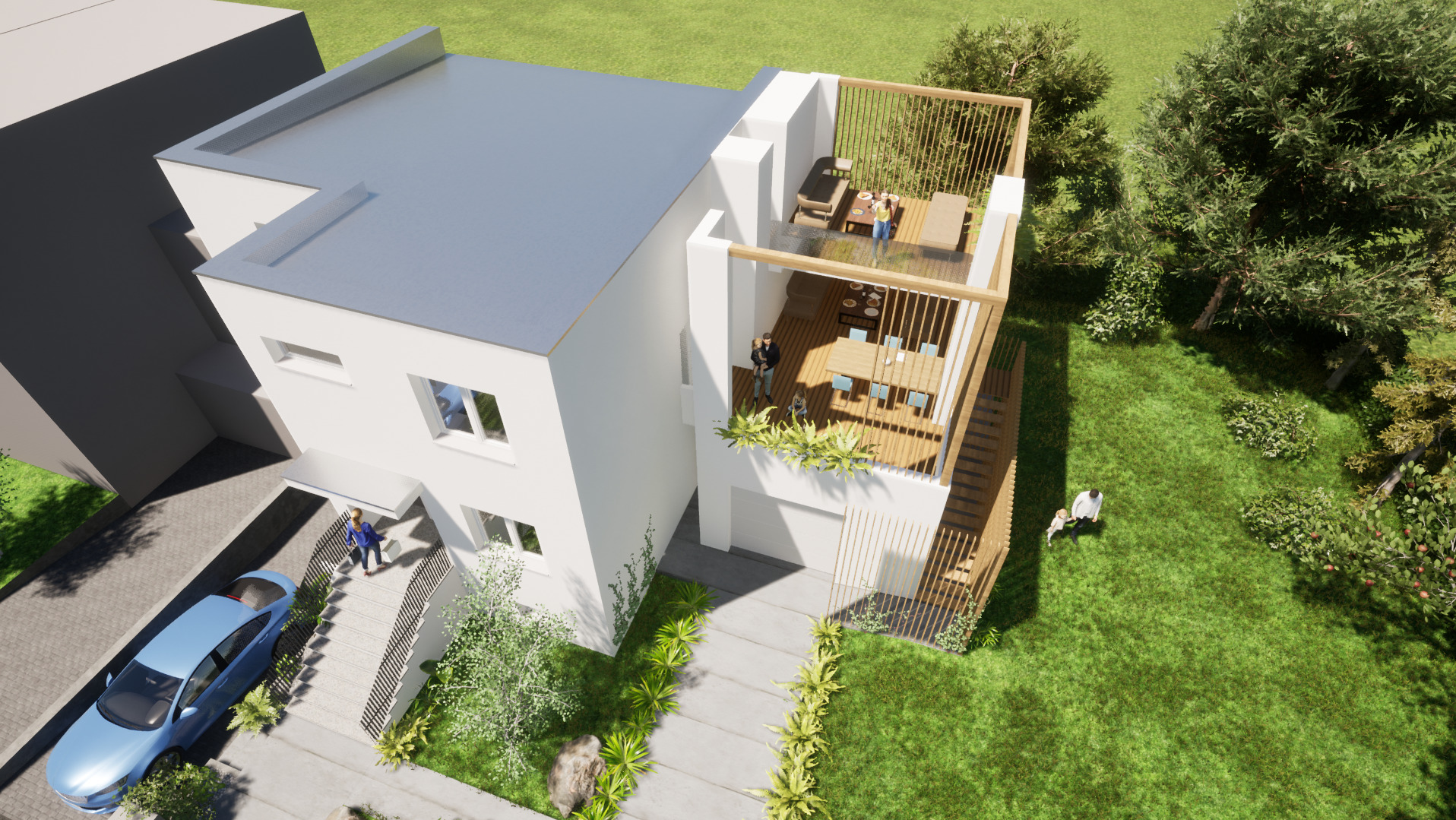 Wizualizacja 3D nowoczesnego, dwupiętrowego domu z płaskim dachem, balkonami i tarasem na dachu. Widok z góry, zieleń wokół budynku, zaparkowany samochód.
