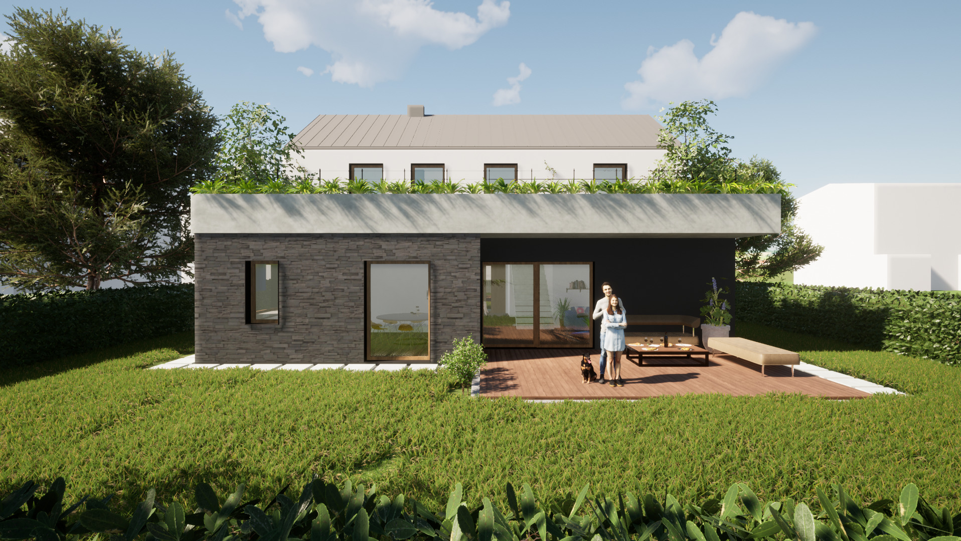 Wizualizacja domu jednorodzinnego z zielonym dachem, tarasem i parą z psem. Elewacja z kamienia i czarnego drewna. W tle drugi budynek i błękitne niebo.