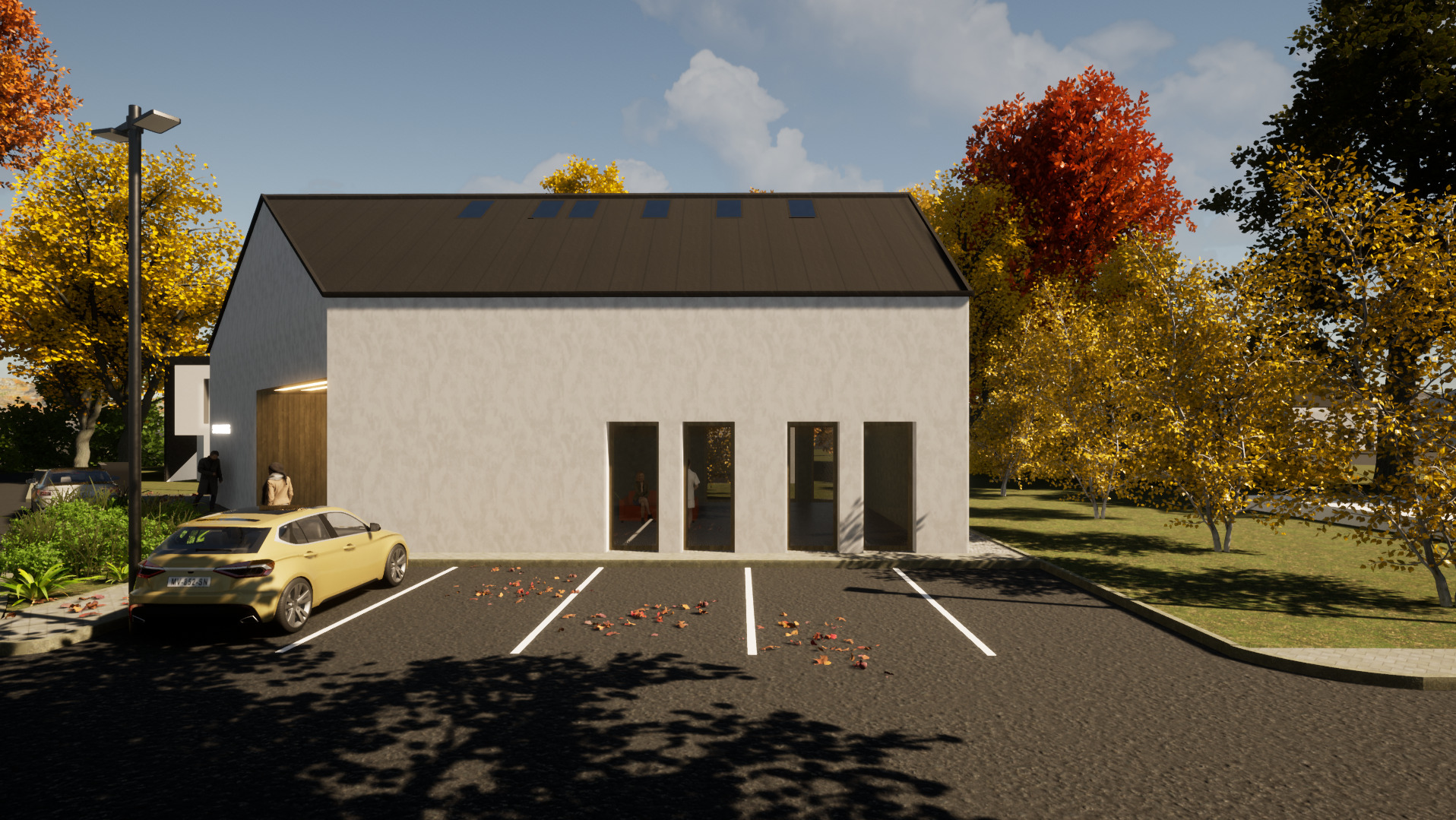 Wizualizacja budynku usługowego z płaskim dachem i parkingiem w jesiennej scenerii. Żółty samochód zaparkowany przed wejściem, liście na asfalcie.