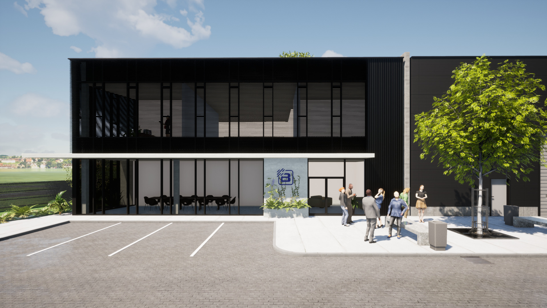Wizualizacja nowoczesnego budynku usługowego z czarną elewacją, dużymi oknami i grupą ludzi przed wejściem. Widoczny parking i zieleń.