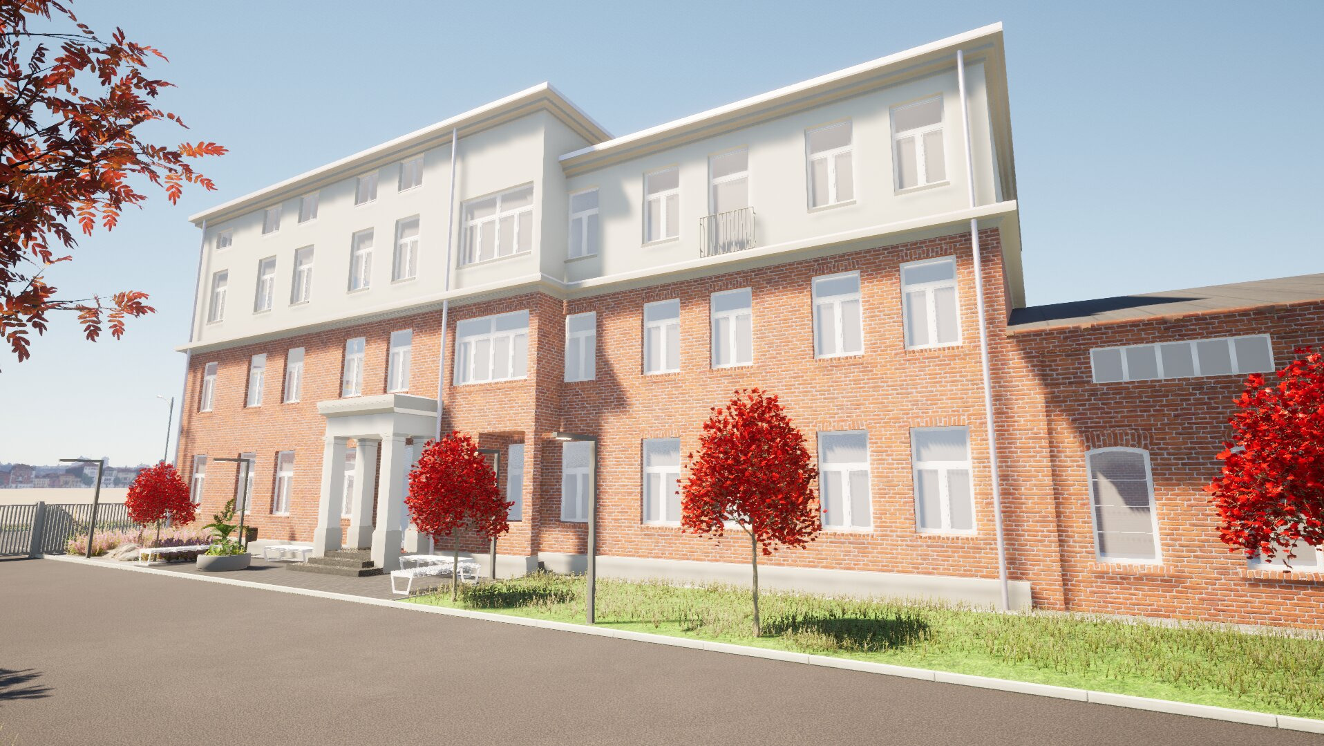 Wizualizacja budynku biurowego z ceglaną elewacją, białymi oknami i elementami architektonicznymi, otoczonego zielenią i drzewami z czerwonymi liśćmi.