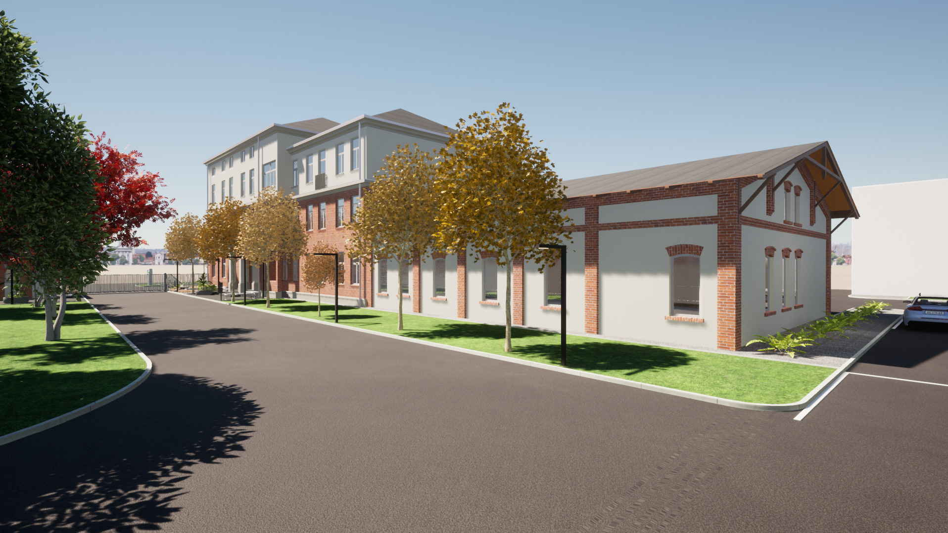 Wizualizacja 3D budynku usługowego z ceglanymi elementami, otoczonego zielenią i drogą dojazdową. Widok z perspektywy ulicy w słoneczny dzień.