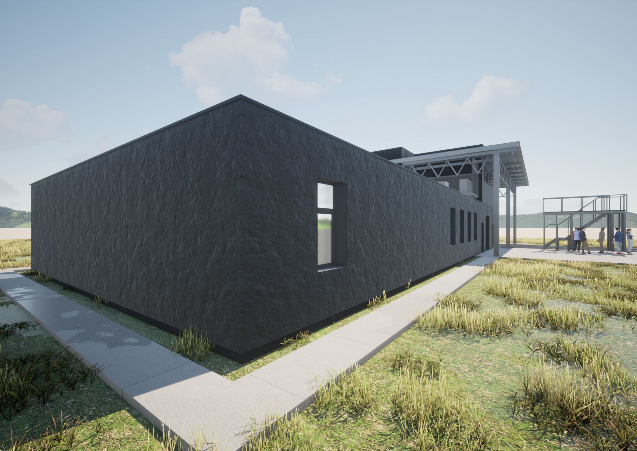 Wizualizacja budynku usługowego z ciemną elewacją i dużymi oknami, otoczonego zielenią. Widoczni ludzie w oddali, budynek z metalową konstrukcją.