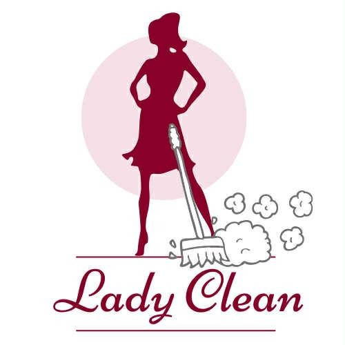 Logo firmy Lady Clean z Warszawy: sylwetka kobiety z mopem na tle okręgu, stylizowana czcionka. Grafika promująca usługi sprzątania.