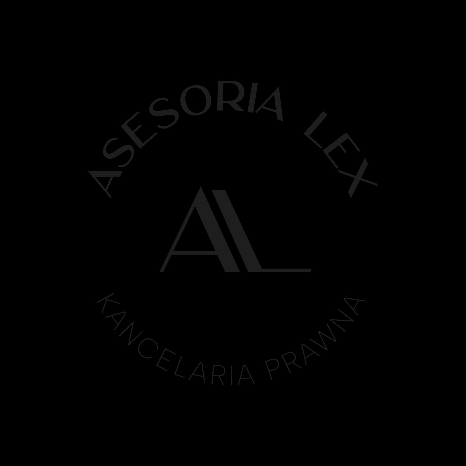 Ciemnoszary logotyp 'ASESORIA LEX KANCELARIA PRAWNA' z abstrakcyjnym symbolem AL w centrum, na czarnym tle. Minimalistyczny design.