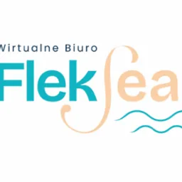 Logo firmy FlekSea z napisem Wirtualne Biuro, stylizowane fale morskie, turkusowo-kremowa kolorystyka na białym tle. Minimalistyczny design.