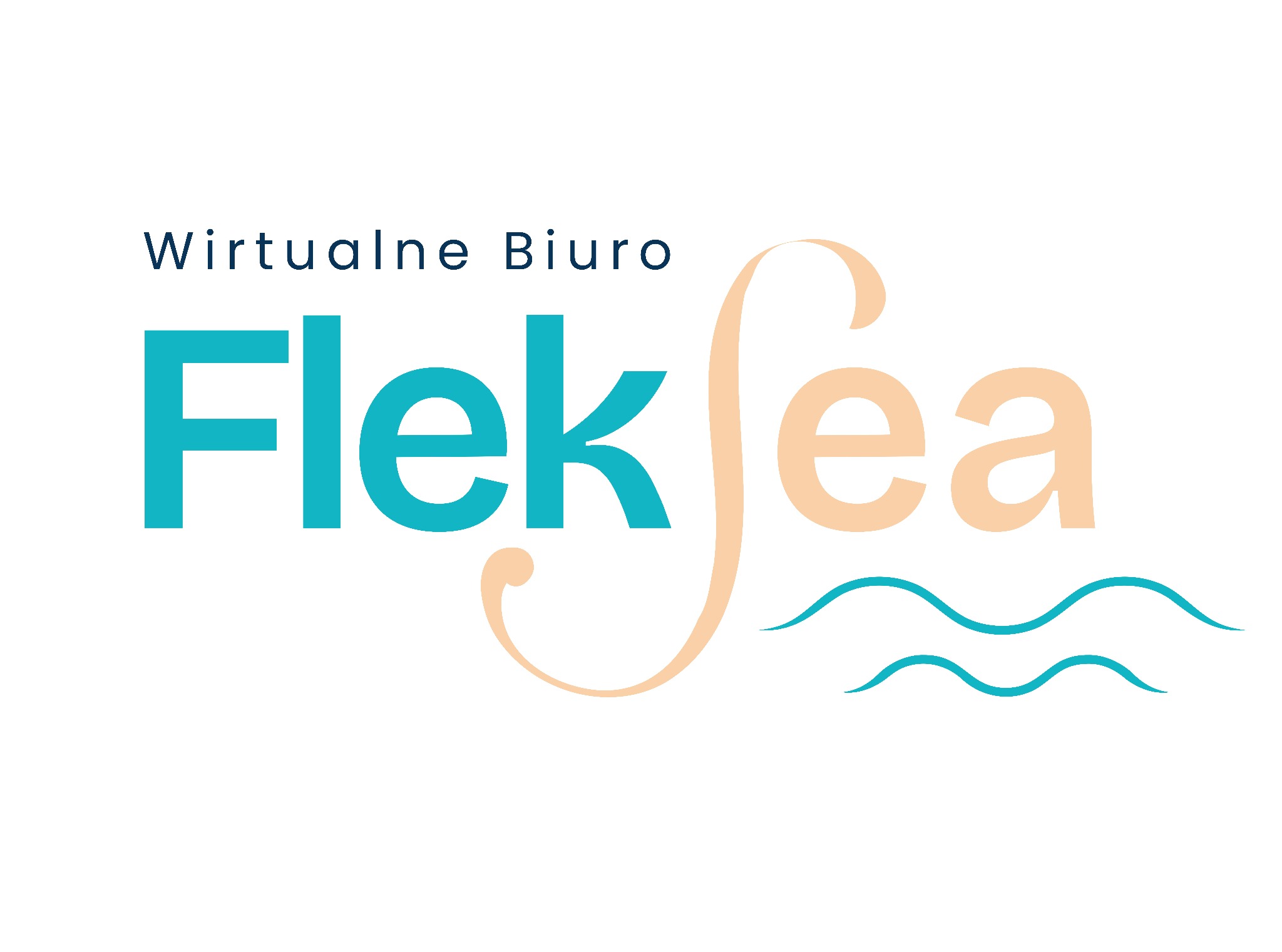 Logo firmy FlekSea z napisem Wirtualne Biuro, stylizowane fale morskie, turkusowo-kremowa kolorystyka na białym tle. Minimalistyczny design.