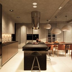 Pindearte - Nowoczesna kuchnia z wyspą i jadalnią w neutralnych barwach. Minimalistyczny design, oświetlenie punktowe i wiszące lampy. Widoczne szafki, sprzęt AGD i dekoracje.