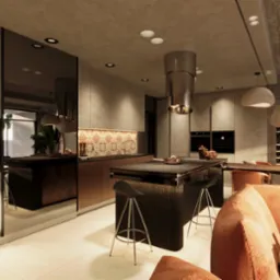 Nowoczesna kuchnia z wyspą, okapem i dekoracyjną mozaiką nad blatem. Widoczny fragment salonu z pomarańczową sofą. Stonowana kolorystyka i oświetlenie.