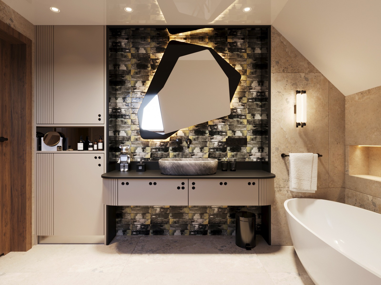 Nowoczesna łazienka z umywalką z szarego marmuru, podświetlanym, asymetrycznym lustrem i szafką z frontami z dekoracyjnymi wgłębieniami. Minimalistyczny design.