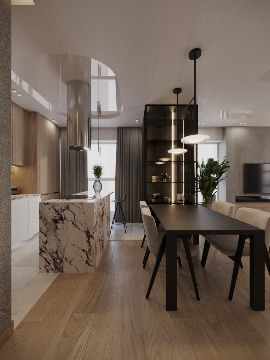 Nowoczesna aranżacja wnętrza: marmurowa wyspa kuchenna, stół z krzesłami i oświetlenie wiszące. Minimalistyczny design z drewnianą podłogą i roślinami.