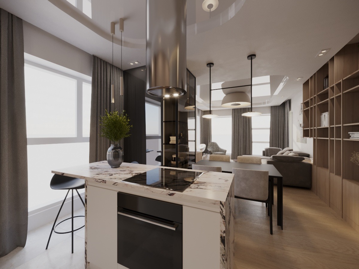 Nowoczesna aranżacja wnętrza z wyspą kuchenną z blatem imitującym marmur, minimalistycznym okapem i szarymi zasłonami. W tle salon z regałem i sofą.