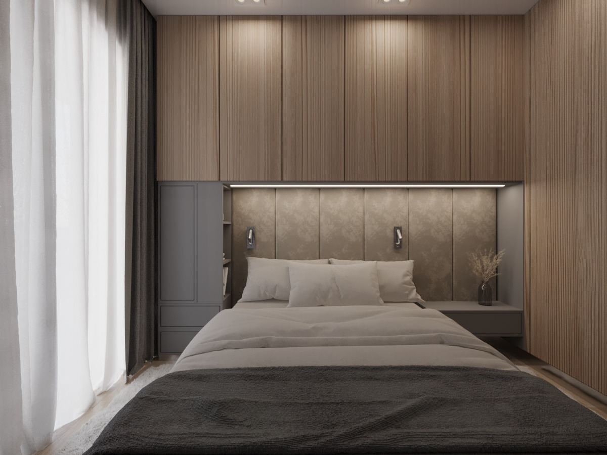 Nowoczesna sypialnia w Poznaniu: minimalistyczny design z drewnianą zabudową, stonowana kolorystyka, biała pościel i szare zasłony. Subtelne oświetlenie nadaje wnętrzu przytulny charakter.