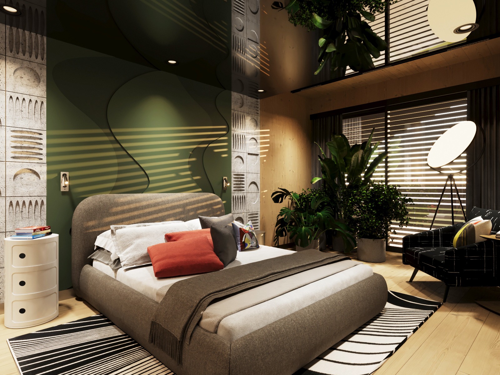 Nowoczesna sypialnia z łóżkiem w odcieniach szarości, ceglastą poduszką i wzorzystym dywanem. Ściana z zielonymi elementami i rośliny doniczkowe tworzą przytulny klimat.