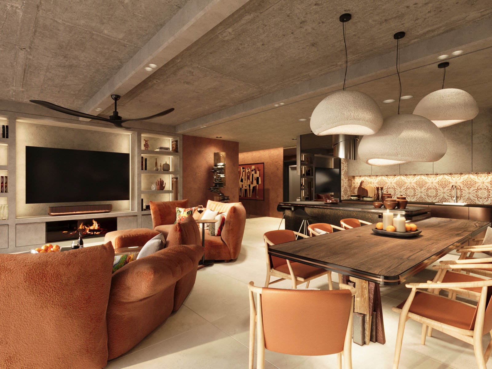 Nowoczesny salon z otwartą kuchnią w ciepłych, pomarańczowych tonacjach. Widoczne meble wypoczynkowe, stół z krzesłami i dekoracyjne lampy. Betonowy sufit dodaje surowości.