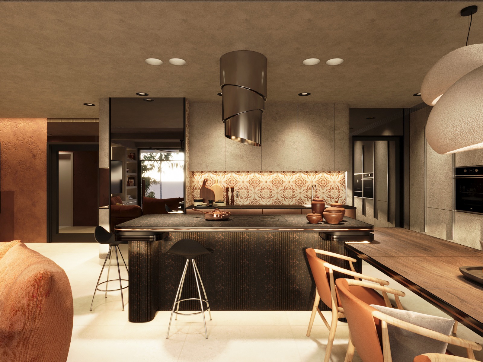 Nowoczesna kuchnia z wyspą i dekoracyjną płytą nad blatem. Stylizowane krzesła barowe i jadalniane. Widok na salon przez otwarte przejście. Ciepłe oświetlenie punktowe.