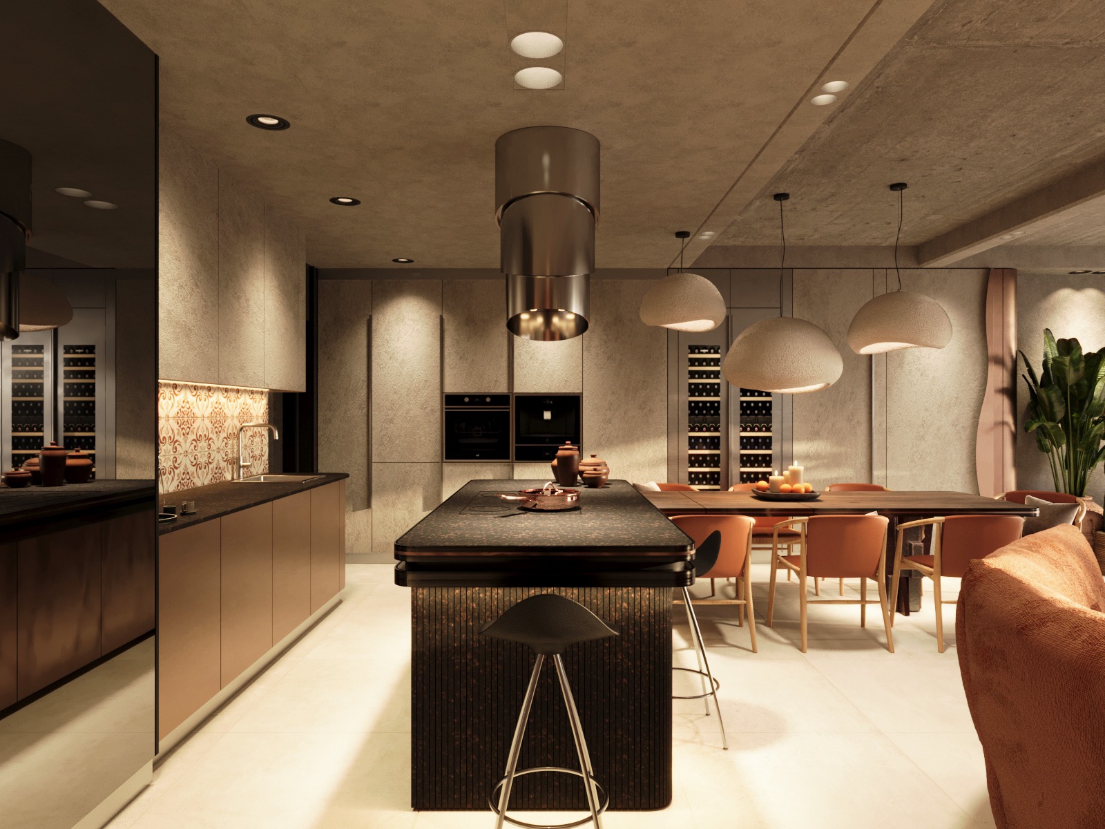 Nowoczesna kuchnia z wyspą i jadalnią w neutralnych barwach. Minimalistyczny design, oświetlenie punktowe i wiszące lampy. Widoczne szafki, sprzęt AGD i dekoracje.