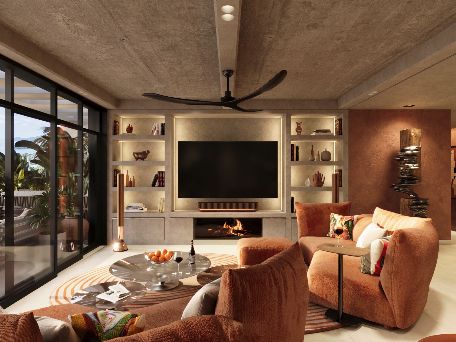 Nowoczesny salon z betonowym sufitem, ciemną ścianką RTV z podświetlanymi półkami i kominkiem. Pomarańczowe sofy i fotel. Widok na taras przez duże okno.
