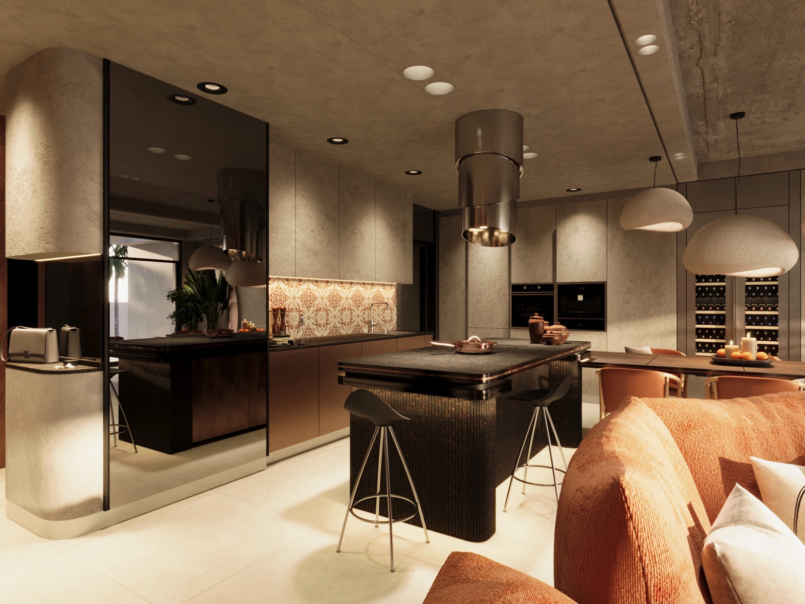 Nowoczesna kuchnia z wyspą, okapem i dekoracyjną mozaiką nad blatem. Widoczny fragment salonu z pomarańczową sofą. Stonowana kolorystyka i oświetlenie.