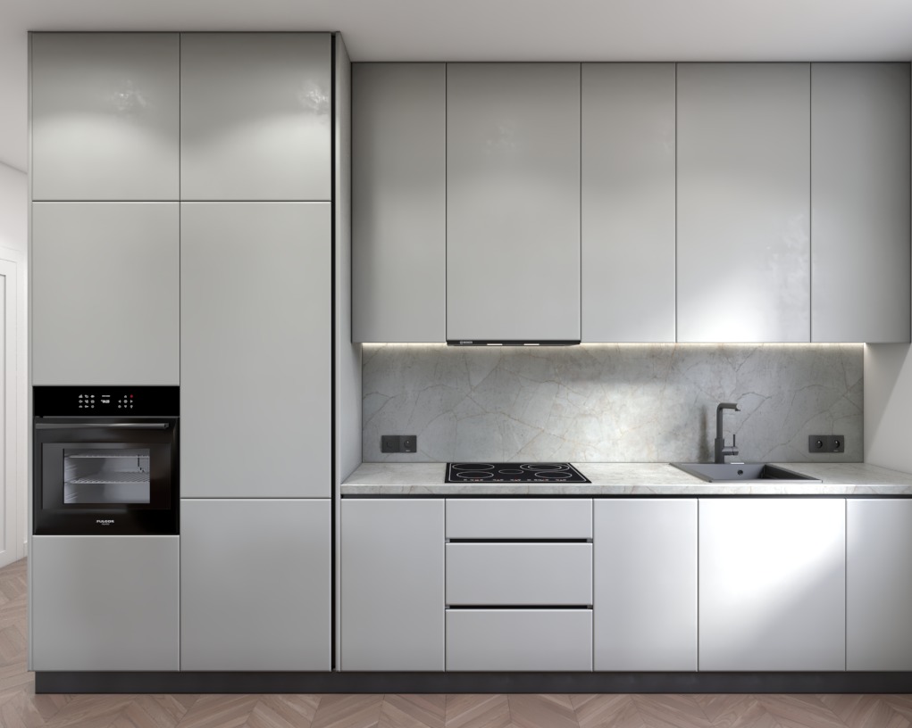 Nowoczesna, minimalistyczna kuchnia z szarymi, gładkimi frontami szafek, marmurowym blatem i drewnianą podłogą w jodełkę. Wbudowany piekarnik i płyta indukcyjna.