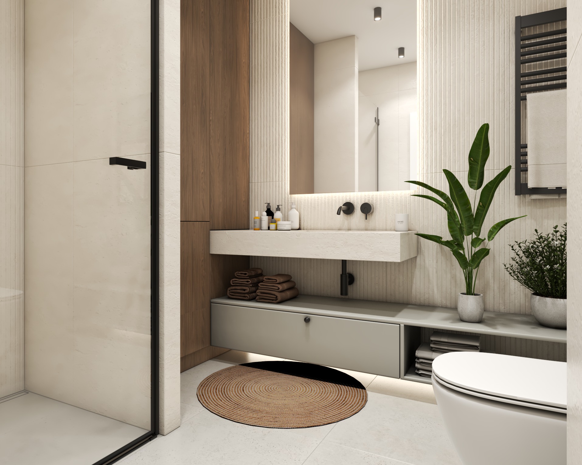 Nowoczesna łazienka z beżowymi płytkami, drewnianą szafką, okrągłym dywanikiem i roślinami w doniczkach. Minimalistyczny design z akcentami natury.