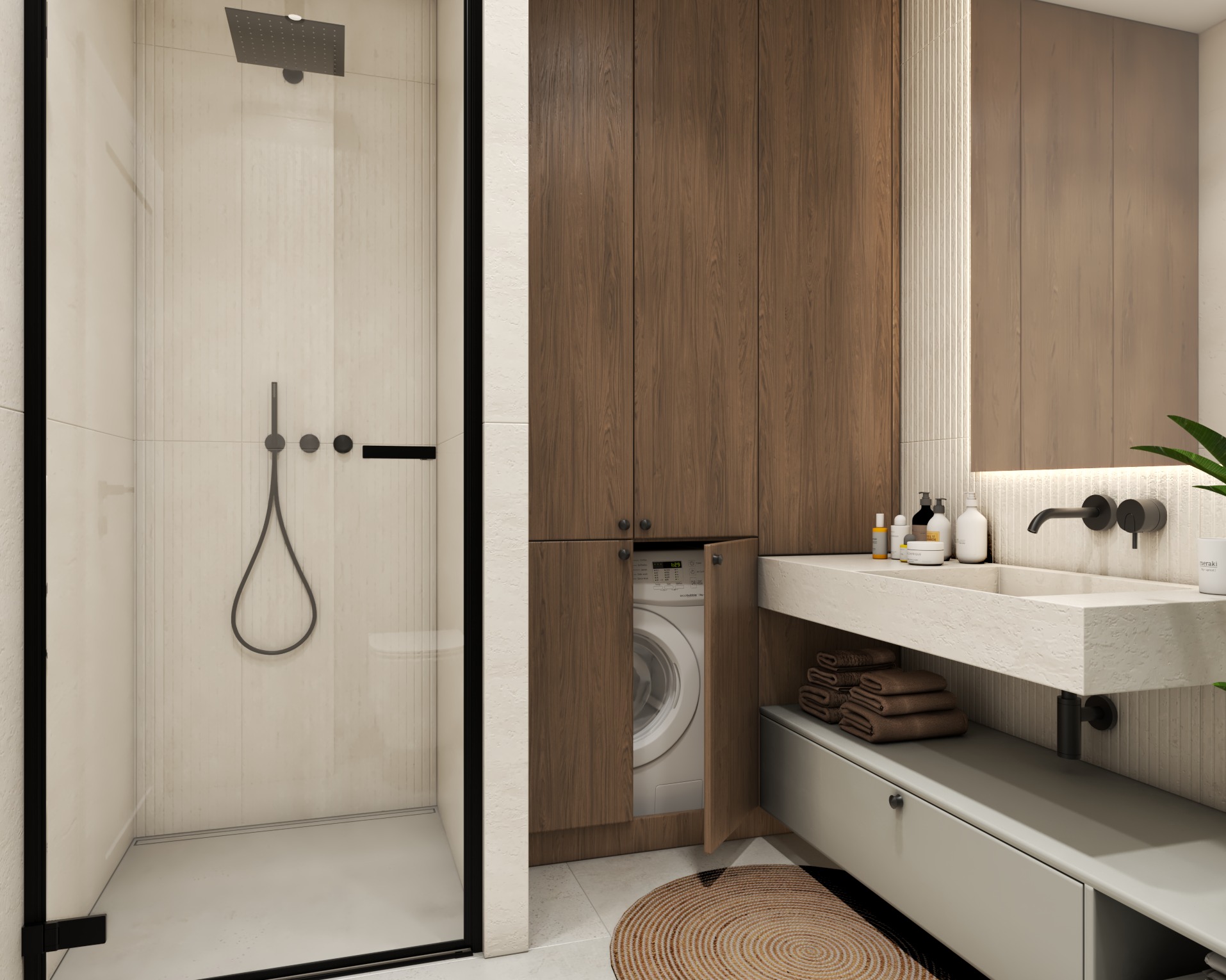 Nowoczesna łazienka z kabiną prysznicową typu walk-in, drewnianą zabudową szaf z ukrytą pralką i kamienną umywalką. Minimalistyczny design, stonowana kolorystyka.