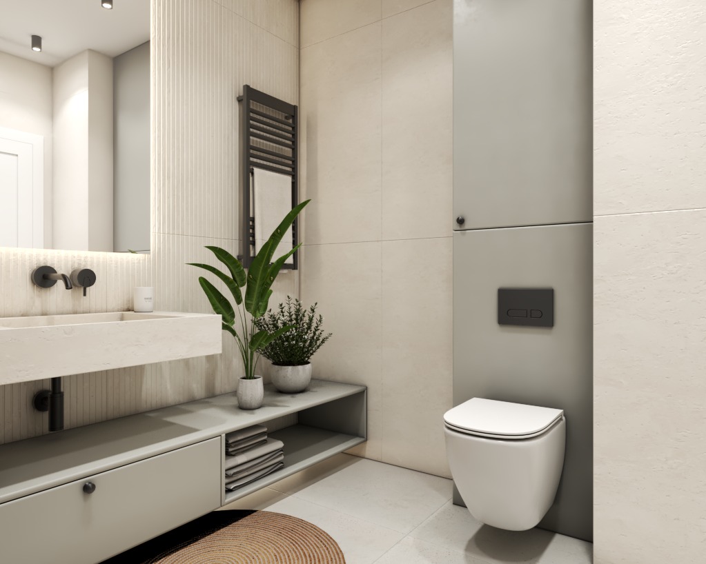 Minimalistyczna łazienka w beżach: podwieszana toaleta, umywalka z szafką, rośliny doniczkowe i grzejnik drabinkowy. Stonowana kolorystyka, nowoczesny design.