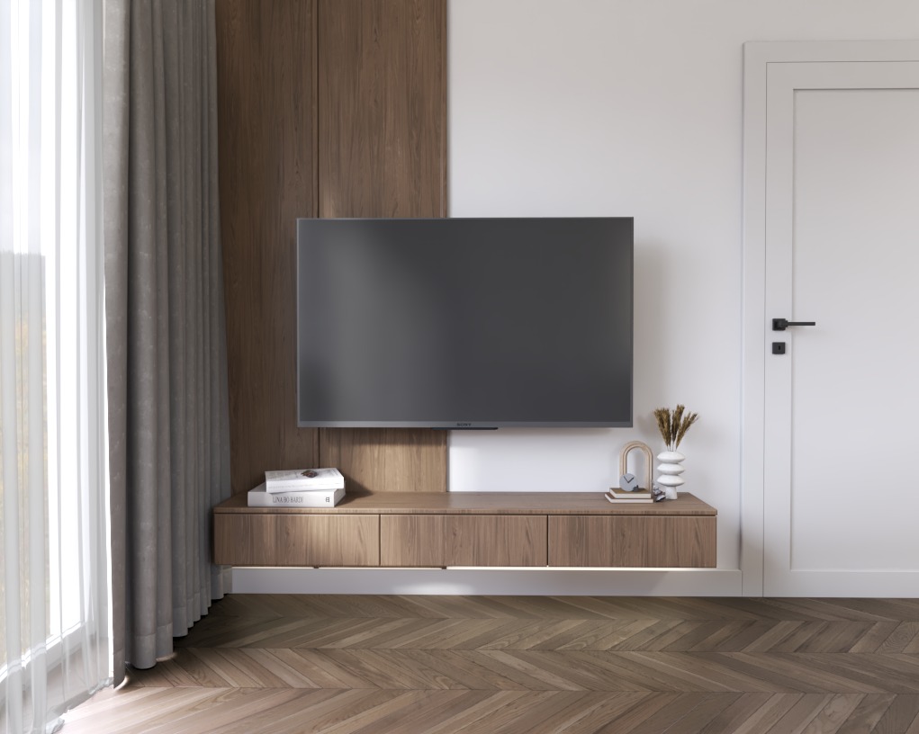 Minimalistyczny salon: telewizor Sony na drewnianej szafce RTV, książki, dekoracje, parkiet w jodełkę, białe ściany i drzwi, zasłony wpadające przez okno.